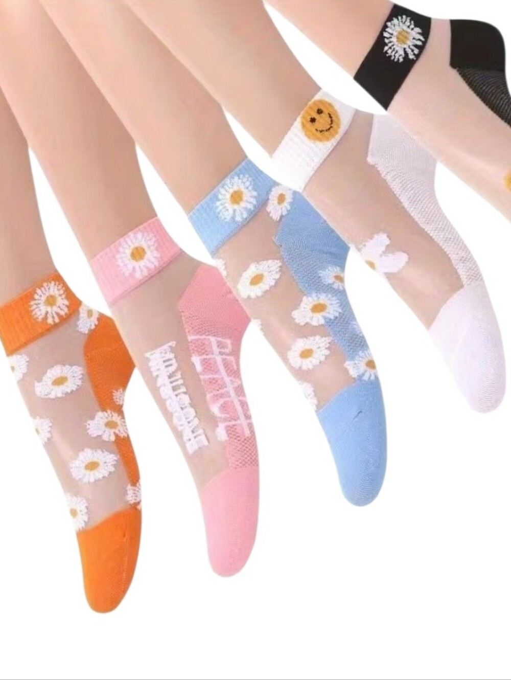 5 Pairs Floral Print Short Socks, Breathable & Lightweight Transparent Socks